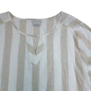 Van Heusen Beige Stripe Linen Tunic Top Womens Medium V Neck
